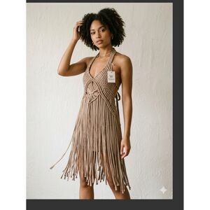 Wildcat Taupe Crochet Fringe Halter Mini Dress Festival Boho